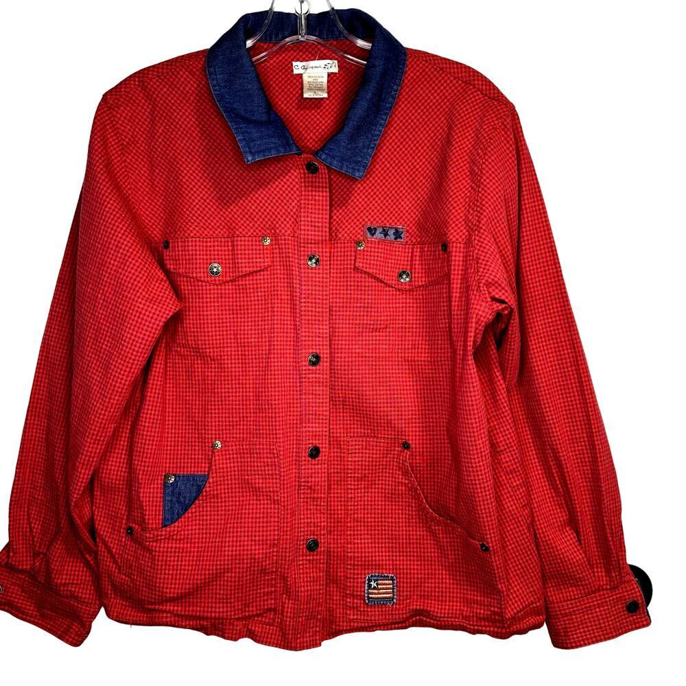 Vintage CA Sport Women's size L Cotton Western Jacket red w blue denim collar